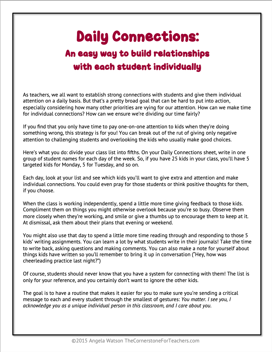 Daily Connections: An easy way to build individual relationships with students