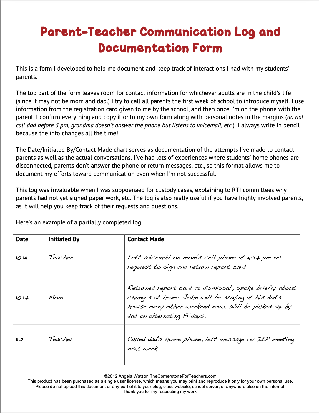 FREE Parent-Teacher Communication Log: Forms for Documenting Phone Calls