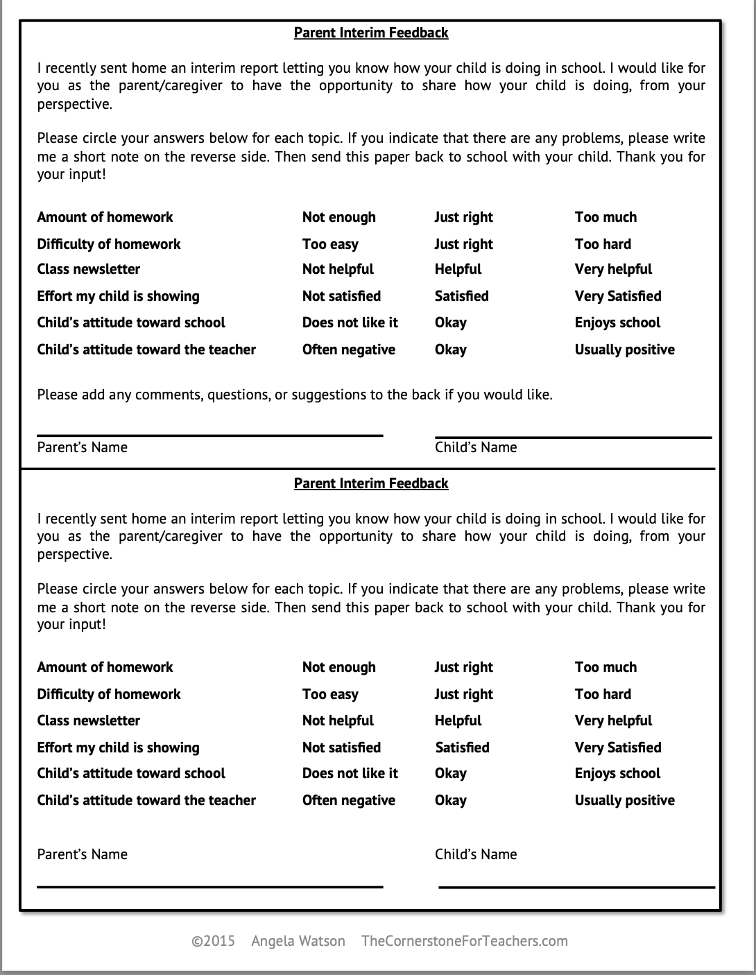 Editable Parent Surveys for Teachers