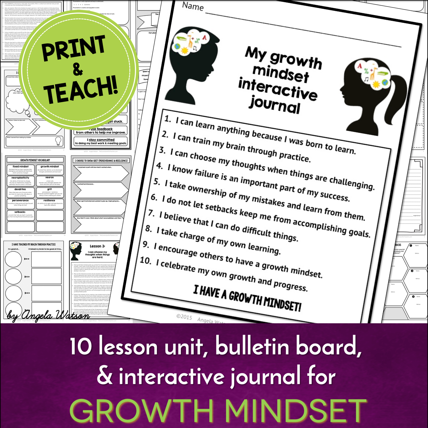 Growth Mindset 10-Lesson Unit, Bulletin Board, and Interactive Journal